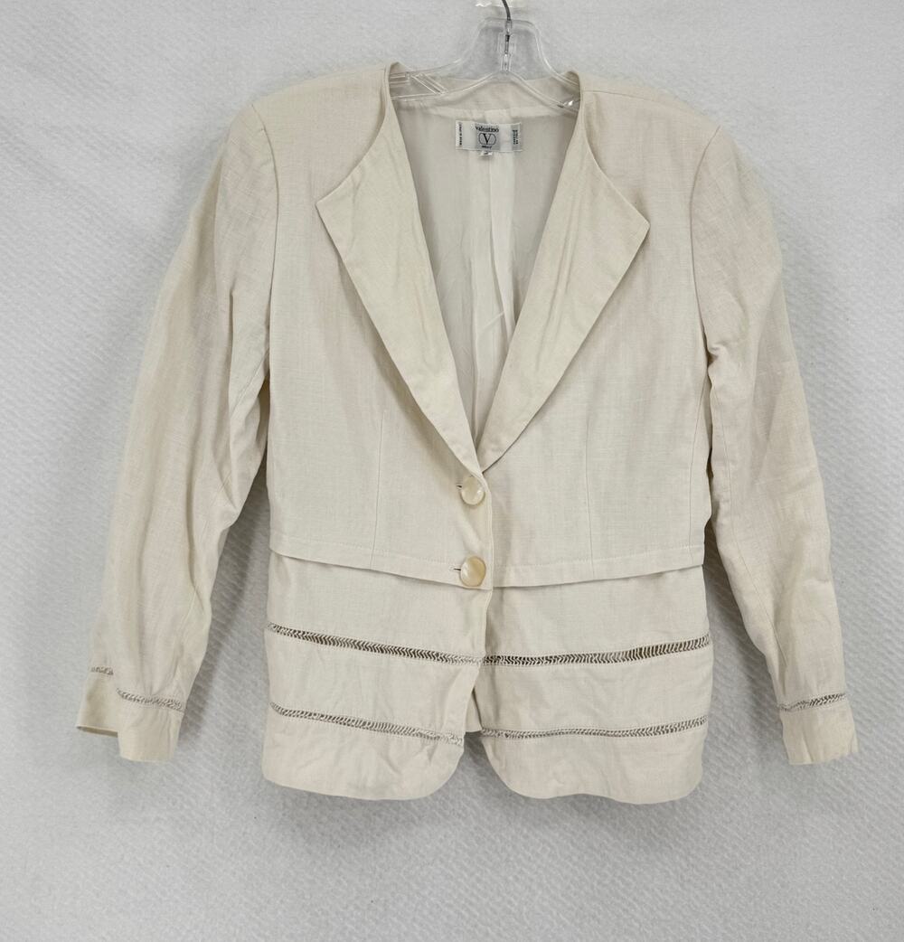 Valentino Miss V Womens Vintage Ivory Linen Two Button Blazer Jacket Sz US 12